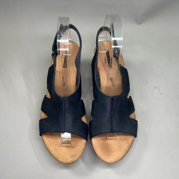 Clarks Sandals Women's Size 8.5 Blue Leather Cork Wedge Platform‎ Adjustable - Picture 3 of 14